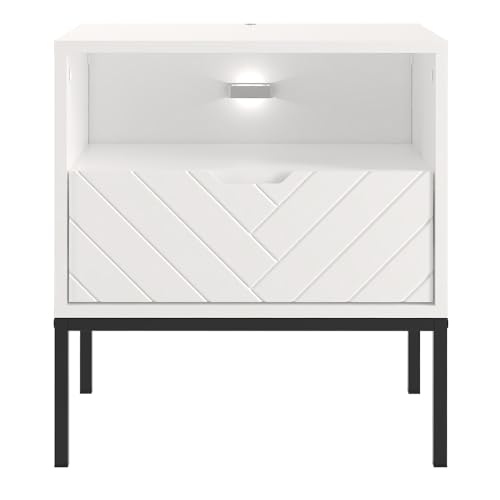 Lomadox Nachttisch Nachtschrank Nachtschränkchen mit LED Beleuchtung ca. 53 cm breit modern in weiß matt mit Fischgrät Dekor