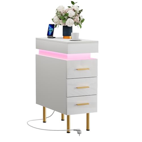 Schmaler Nachttisch mit 3 Schubladen & LED-Beleuchtung - 50x25cm Kommode Schlafzimmer mit Steckdose+USB, Bluetooth Licht, Perfekt als Beistelltisch, Nischenschrank oder Schmales Regal (Weiß)
