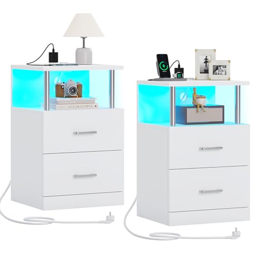 AOGLLATI 2er Set Nachttisch mit Ladestation und LED-Beleuchtung, Nachtschrank mit offenem Fach, 2 Schubladen, 2 AC-Steckdosen, 2 USB-Anschlüsse, Moderner Beistelltisch für Schlafzimmer(Silber weiß)