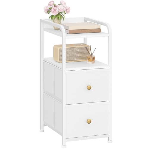 Hzuaneri Nachttisch, Schmal Beistelltisch mit 2 Schubladen, Schmaler Nachttische mit offenes Fach, Platzsparend, Nachtschrank für Schlafzimmer, Wohnzimmer, 35 x 27 x 60 cm, Weiß NS02113W