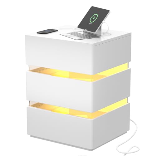 LEADZM Nachttisch mit LED-Beleuchtung,16 LED Farben mit Ladestation und USB-Anschlüssen,3 Schubladen Beistellschrank Nachtschrank Weiß (1, Weiß)