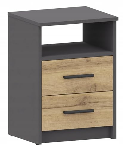 MATKAM Nachttisch in klassischer Optik | H/B/T 58,5 x 40 x 35 cm, mit Zwei Schubladen und einem offenen Ablagefach| In verschiedenen Ausführungen erhältlich (Anthrazit Grau-Wotan Eiche)