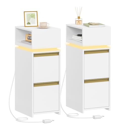 HEXCELEN Nachttisch 2er Set, Schmal, Beistelltisch mit 2 Schubladen und 1 Offenen Fach, Nachtschrank im Schlafzimmer, Beistelltisch, für Schlafzimmer, Wohnzimmer, Modern, Weiß