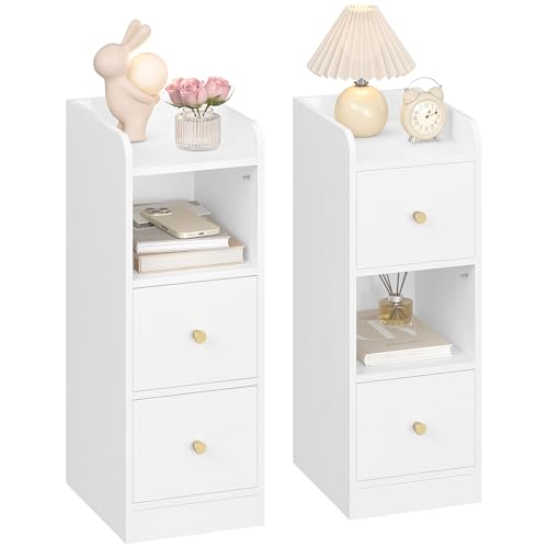 Hzuaneri Nachttisch 2er Set, Schmal, Beistelltisch mit 2 Schubladen, Nachttische mit Offenem Fach, Verstellbare Schubladenposition für Schlafzimmer, Wohnzimmer, Weiß mit Holzmaserung NS62213X