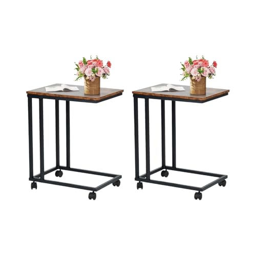 HOMYLIN Nachttisch mit feststellbaren Rollen, Metallgestell mit MDF-Oberseite, Beistelltisch, für Schlafzimmer, Wohnzimmer, Braun