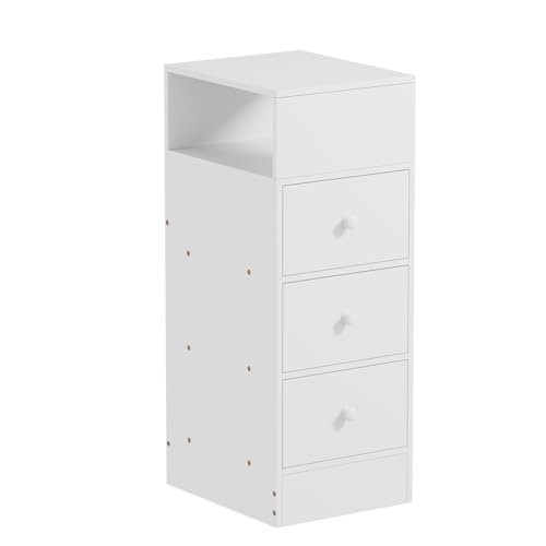 PCGAGA Schmaler Nachttisch mit Schubladen und offenem Regal, Wohnzimmer-Beistelltisch, Nachttisch, Schlafzimmer, Aufbewahrungseinheit (3 Schubladen, Weiß, L30 x B25 x H66 cm)