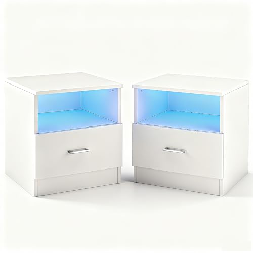 SUNXURY Nachttisch mit Led-Beleuchtung Sofatisch mit Schubladen Einstellbare 16 Lichtfarbe Beistelltisch mit Offene Fächer B45 x T35 x H46,5cm Weiß Hochglanz (2er-Set)