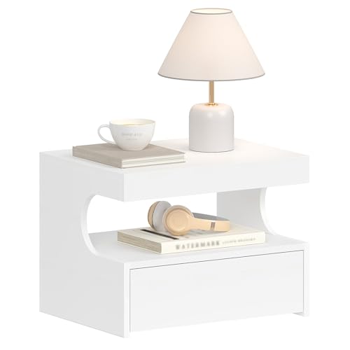 Hzuaneri Nachttisch Hängend, Schwebendes Wandregal, 1 Schublade mit Schienen, Nachttische mit Offener Raum, Modern, für Schlafzimmer, Wohnzimmer, 30 x 40 x 29,2 cm Weiß NS50103X