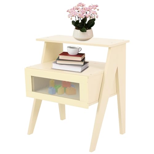 Susoso Nachttisch, Bett Beistelltisch Schublade Nachtschrank mit Klares Schubladenfenster Tierabstand 12cm für Gläser 43x31x50cm Beige