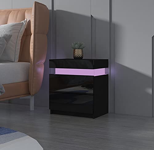 Senvoziii Nachtschrank Kommode mit 2 Schubladen Nachttisch Schubladen Schlafzimmer Hochglanz Beistelltisch RGB LED Beleuchtung - Schwarz