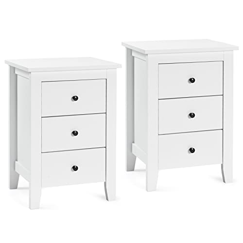 COSTWAY 2er Set Nachttisch mit 3 Schubladen, Nachtschrank für Boxspringbett, Beistelltisch, Nachtkommode für Wohnzimmer Schlafzimmer, Weiß, 46 x 37 x 65 cm