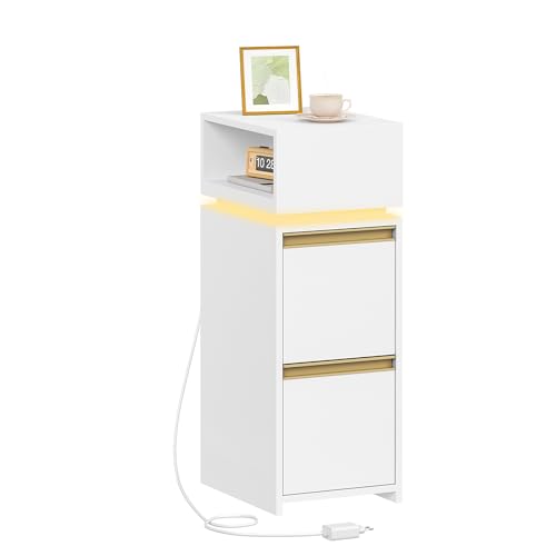 HEXCELEN Nachttisch, Schmal, Beistelltisch mit 2 Schubladen und 1 Offenen Fach, Nachtschrank im Schlafzimmer, Beistelltisch, für Schlafzimmer, Wohnzimmer, Modern, Weiß