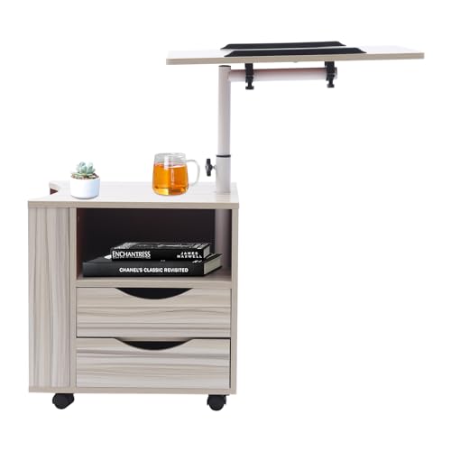 BAOCHADA Funktionaler Drehbarer Nachttisch, Verstellbar mit Schubladen, Rollen Mobil Drehbarer Nachttisch mit Schubladen Rädern und Offenem Regal Desktop für Wohnzimmer,Schlafzimmer