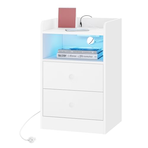 WOLTU Nachttisch mit Ladefunktion und LED-Licht, Nachtschrank mit 2 Steckdosen 2 USB, Beistelltisch mit Schubladen offenem Fach, 40x64x35 cm, für Schlafzimmer Wohnzimmer, Holz, Weiß, NTS07ws