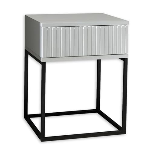 MARLE Nachttisch in Weiß - Moderner Nachtschrank mit Schublade und schwarzem Metallgestell - 40 x 52 x 38,5 cm (B/H/T)