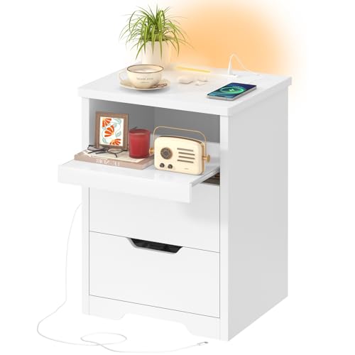 TEENFON Nachttisch mit 3-Farbiger LED-Beleuchtung & USB/Type-C Schnellladung, Moderner Beistelltisch und Nachtschrank mit Schiebeplatte & 2 Schubladen, für Wohnzimmer und Schlafzimmer, Weiß