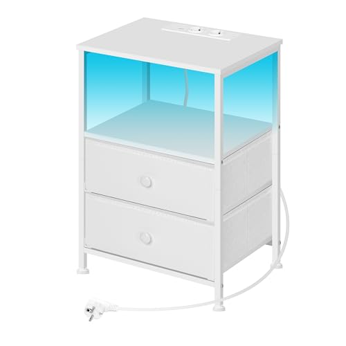 WOLTU Ladefunktion, Steckdosen LED Beleuchtung Schubladen, Beistelltisch Weiß, Sofatisch, Kaffeetisch, MDF, NTS27ws