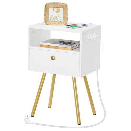 HOOBRO Nachttisch, Nachttische mit Ladestation, Beistelltisch mit Schublade und Offenem Fach, Sofatisch, 28 x 38 x 60, Beistelltisch für Schlafzimmer, Weiß und Gold EDW88CBZ01