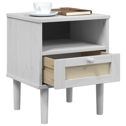 Eleganz Nachttisch SENJA im Rattan-Look Weiß 40x35x48 cm aus Massivholz Kiefer mit UV-Lackierung, Holzwerkstoff & Poly Rattan – Ideal für kleine Räume & Moderne Schlafzimmer