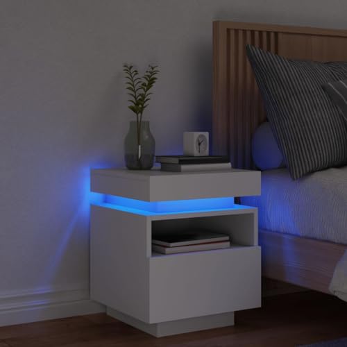 HaoChrymec Nachttisch mit LED-Leuchten, Holzwerkstoff, RGB-LED-Beleuchtung, Praktischer Stauraum, Beistelltisch für Schlafzimmer, Kommode Schlafzimmer, Weiß, 40x39x48.5 cm