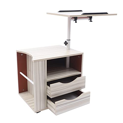 TONFEION funktioneller drehbarer Nachttisch höhenverstellbar Nachttisch aus Holz mit Schubladen,Rädern und offenem Regal rollbarer Laptop-Schreibtisch