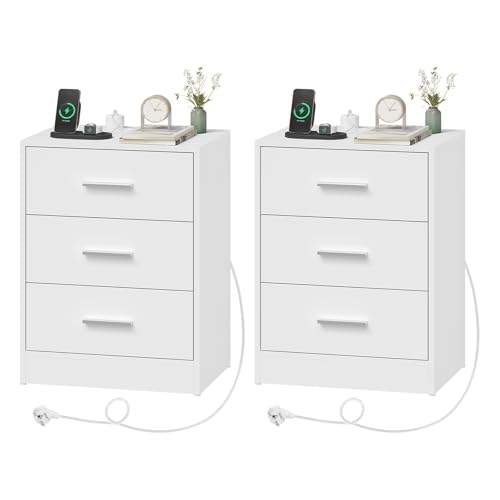 WOLTU Nachttisch 2er Set, Beistelltisch mit Ladefunktion, Steckdose, 3 Schubladen, Nachtschrank, Nachtkästchen für Schlafzimmer, Wohnzimmer, Flur, Büro, Modern Weiß