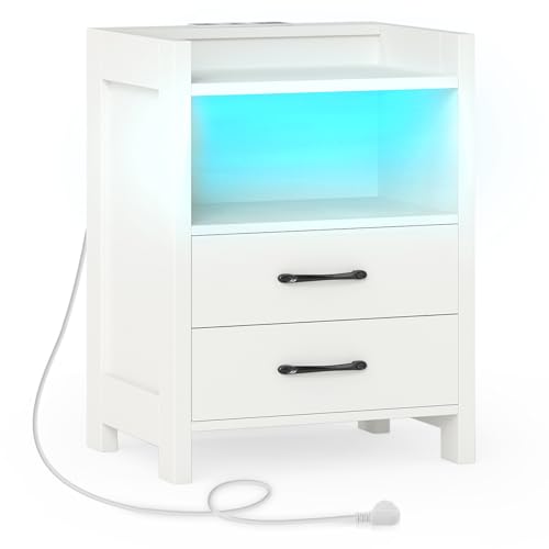 GIANTEX Beleuchtung Ladefunktion, Nachtschrank 2 Schubladen & offenem Fach, Beistelltisch Sofatisch Kaffeetisch Holz, Nachtkästchen, Nachtkommode Nachtkonsole