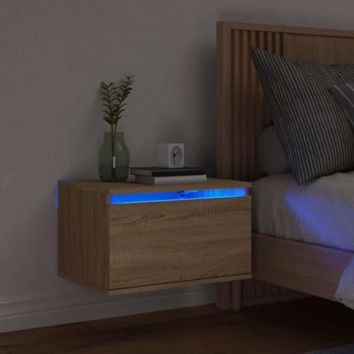 Wand-Nachttisch mit LED-Leuchten, Holzwerkstoff, Sonoma-Eiche, RGB-LED-Beleuchtung, Wandmontage, Nachttisch zum Einhängen, Kommode mit Schubladen, Für Schlafzimmer und Wohnzimmer, 50x36x30 cm