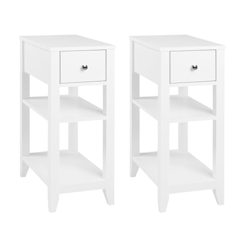 WOLTU 2er Set Nachttisch schmal, Nachtschrank mit Schublade, 2 offenen Ablagen, Beistelltisch Couchtisch modern, 45x66x28 cm, platzsparend, Nachtkommode aus Holz, weiß, NTS02ws-2