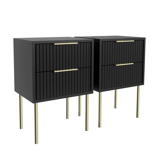 Garvishk Garvis Nachttisch 2er Set, schmal, Beistelltisch mit 2 Schubladen Nachtschrank Schlichter Beistelltisch für Schlafzimmer, Wohnzimmer (Schwarz)