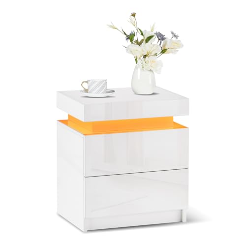 CLIPOP Nachttisch mit LED-Beleuchtung,Einstellb are Farben,Weiß Beistelltisch Sofatisch mit Schubladen und Staufach Hochglanzfront Nachtschrank für Wohnzimmer,Schlafzimmer,3 5 x 45 x 52 cm
