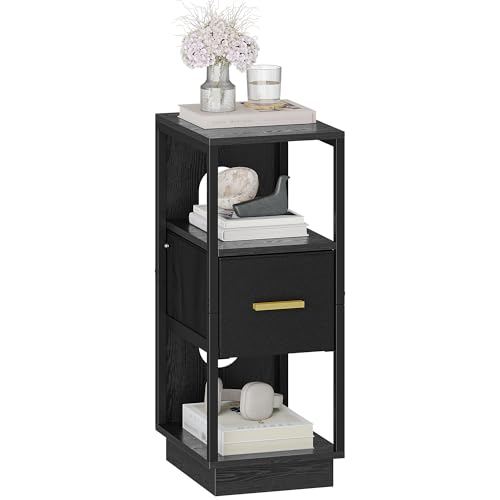 Hzuaneri Nachttisch, Beistelltisch mit Offenes Fach, Nachttisch Schmal mit 1 Stoffschublade, Modern, für Schlafzimmer, Wohnzimmer, 30 x 24 x 60 cm Schwarz NS51304B