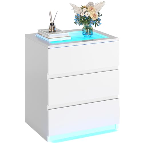 AOGLLATI Nachttisch mit LED-Beleuchtung,Einstellb are Farben Nachtschrank mit 3 Schubladen Beistelltisch Sofatisch Schubladenschrank Couchtisch für Schlafzimmer, Wohnzimmer, Moderner Stil Weiß