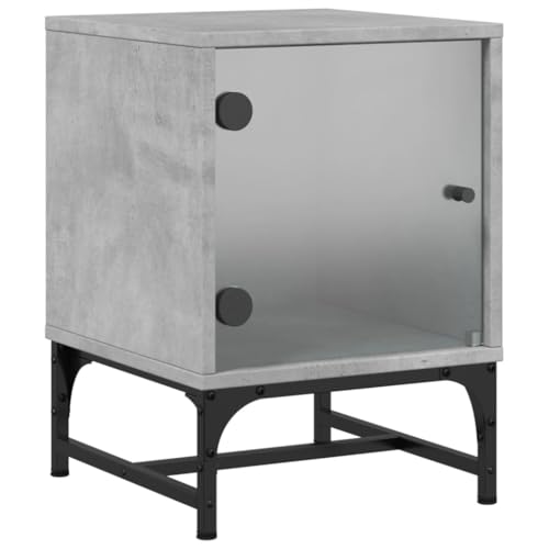 Eleganz Nachttisch mit Glastür Betongrau 35x37x50 cm - Moderner Beistelltisch aus Holzwerkstoff, Glas & Stahl für Schlafzimmer & Wohnzimmer