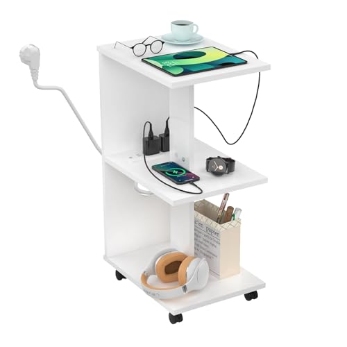 Nachttische mit USB-Anschlüssen und Ausgängen 1x Rollbarer Nachttisch Minimalistischer Nachttisch aus Holz mit Ladefunktion Ladestation Beistelltisch Weiß