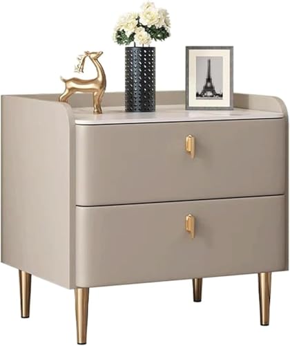 Nachttisch aus Massivholz mit 2 Schubladen, Kunstmarmorplatte, PU-Leder-Akzente, stilvoller Nachttisch für Schlafzimmer, kompakter Beistelltisch (40 x 40 x 50 cm, Khaki)