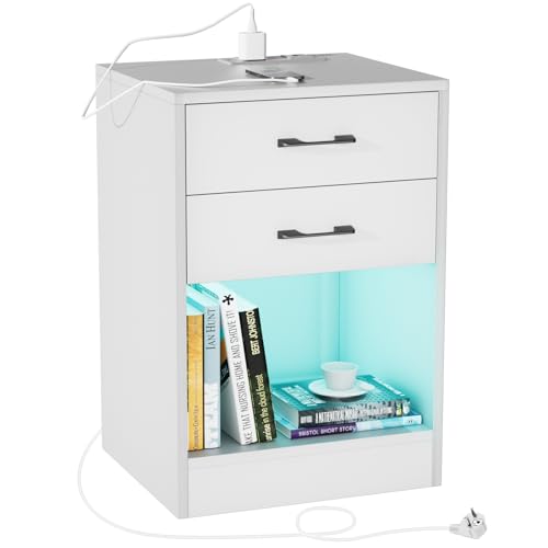 PIPIPOXER Nachttisch mit LED Licht,Beistelltisch mit Steckdose und USB Anschlüsse in Schwarz,Nachttische aus Holz mit 2 Schubladen Nachschrank für Wohnzimmer,Schlafzimmer Bett 40x35x60cm Weiß