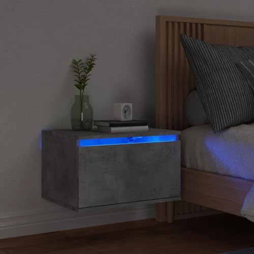 HaoChrymec Wand-Nachttisch mit LED-Leuchten, Holzwerkstoff, Betongrau, RGB-LED-Beleuchtung, Wandmontage, Nachttisch zum Einhängen, Kommode mit Schubladen, 50x36x30 cm