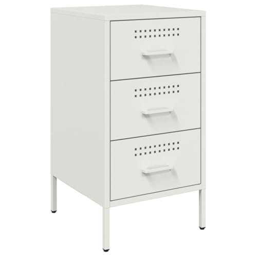 vidaXL Nachttisch, Nachtschrank mit 3 Schubladen, Nachtkommode Verstellbare Schraubfüße, Schlafzimmer Nachtkonsole, Industrie-Stil, Weiß Kaltgewalzter Stahl
