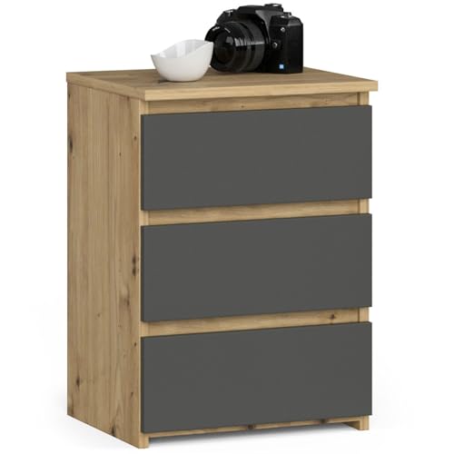 AKORD | Nachttisch Kommode CL-3 mit 3 Schubladen | für das Wohnzimmer Schlafzimmer Schrank Büro Arbeitszimmer | B40 x H57 x T35 cm, Gewicht 26 kg | Artisan Eiche & Graphitgrau Front