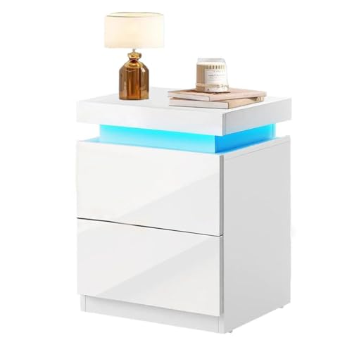 Oyajia Weiß Nachttisch mit RGB-Beleuchtung, 2 Schubladen Bettschrank, Leise Schubladen & Fernbedienung,USB-Ladeans chluss, Perfekt für Schlafzimmer oder Wohnzimmer (2 Schubladen)