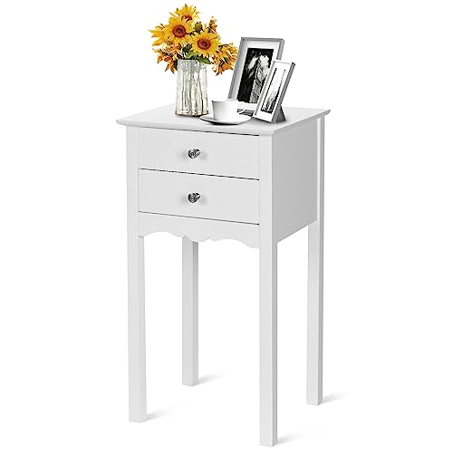 LIFEZEAL Nachttisch aus Holz, Nachtkommde mit 2 Schubladen, Beistelltisch Nachtschrank Schmal, Moderne Nachtkonsole Sofatisch, Telefontisch 40 x 32 x 75 cm (Weiß)