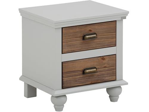 möbelando Nachttisch >Trine< Nachttisch Trine aus MDF und Kiefer, grau-braun, 2 Schubladen mit Muschelgriffen aus antikem Messing, 45 x 50 x 38 cm, moderner Nachttisch mit Stauraum für Schlafzimmer