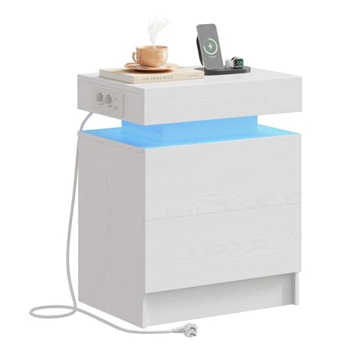 IRONCK Nachttisch Weiß mit LED-Licht & Ladefunktion, Beistelltisch mit USB+Typ-C Anschlussen, Nachtschrank mit 2 Schubladen, Sofatisch für Schlafzimmer, Wohnzimmer, 35 x 48 x 60 cm