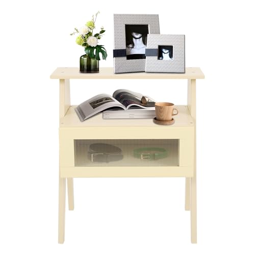 Kaichenyt Nachttisch, Bett Beistelltisch Schublade Nachtschrank mit Erhöhte Füße Gesamtlast 5kg Schnelle Montage für Bücher 43x31x50cm Beige