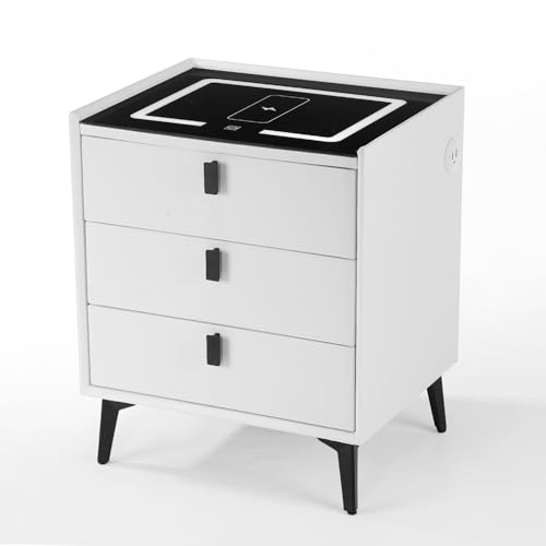 Oyajia Nachttisch mit Funktion des Mobiltelefons kabelloses Aufladen, Nachttisch mit LED-Licht, 3 Schubladen Bettschrank, Kommode, Wohnzimmer, Schlafzimmermöbel (Cremeweiß)