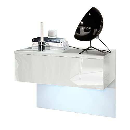 Vladon Nachttisch Sleep, Nachttischschrank mit Schublade zur Wandmontage, Weiß matt/Weiß Hochglanz, inkl. LED-Beleuchtung (60 x 46 x 35 cm)