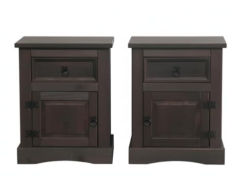 Dynamic24 Hacienda-Look – 2X Nachtschrank New Mexiko Nachttisch Nachtkonsole Schrank kolonial – 53x66x38 cm – 1 Schublade(n) – Massive Kiefer – Farbe Dunkelbraun – Hacienda-Stil – wärmender