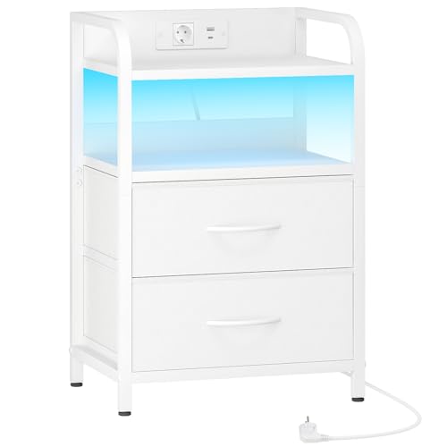 HOOBRO Nachttisch, Beistelltisch mit Ladestation und LED-Beleuchtung, Sofa-Beistelltisch mit 2 Schubladen und 2 offenen Ablagen, Metallrahmen, für Schlafzimmer, Wohnzimmer, Büro, Weiß EWT021CDBZ01