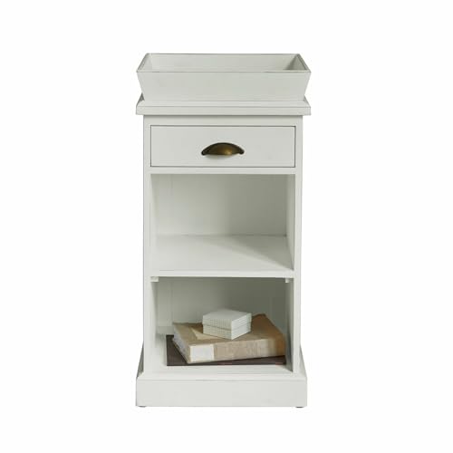 Loberon Nachttisch Montarie, Abnehmbare Tablett-Ablage, mit Einer Schublade, Vintage Charme, Antik-Finish, Nachtkästchen, Beistellmöbel, Mangoholz, Eisen, weiß